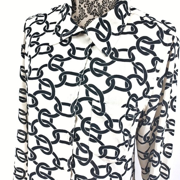 LARSEN GRAY LS Crepe Chiffon Button Front Chain Print Blouse Top L - Picture 3 of 5